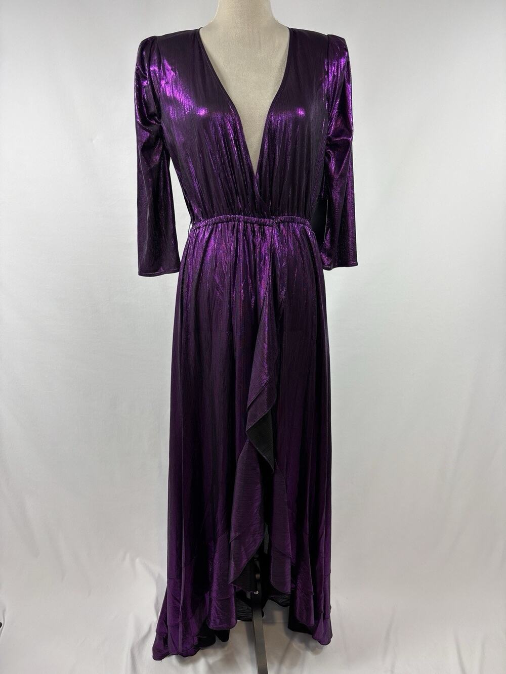 NWT Retrofete Flora Maxi Wrap Dress Purple Metallic Size Large TT-1952 Plisse
